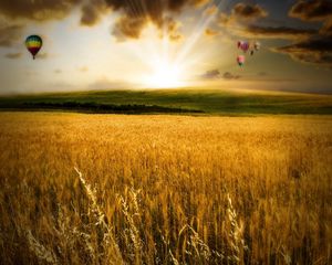 Превью обои поле, осень, воздушные шары, полет, цвета, краски, солнце, свет, вечер, закат