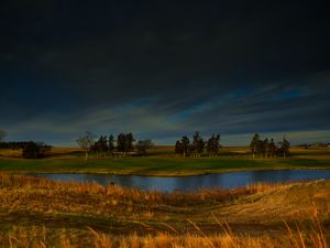 Превью обои поле, река, деревья, облака, горизонт, природа