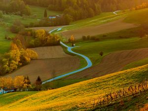 Превью обои поле, река, лес