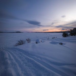 Превью обои поле, снег, сумерки, зима, природа