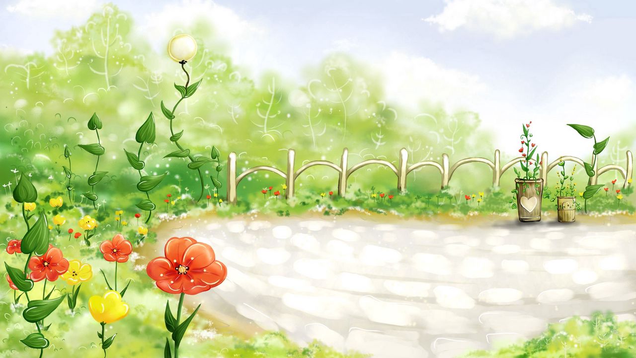 Обои поле, трава, забор, цветы, мак, рисунок
