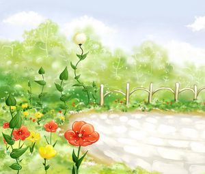 Превью обои поле, трава, забор, цветы, мак, рисунок