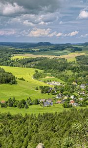 Превью обои поля, деревья, дома, природа, небо
