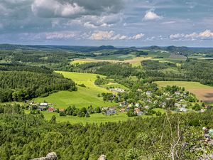 Превью обои поля, деревья, дома, природа, небо