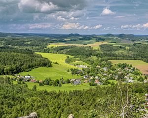 Превью обои поля, деревья, дома, природа, небо