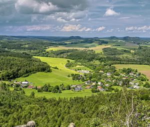 Превью обои поля, деревья, дома, природа, небо