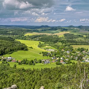 Превью обои поля, деревья, дома, природа, небо