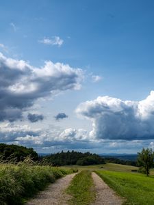 Превью обои поля, деревья, кусты, облака, небо, пейзаж