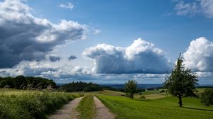 Превью обои поля, деревья, кусты, облака, небо, пейзаж