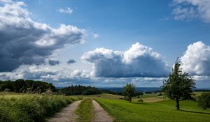 Превью обои поля, деревья, кусты, облака, небо, пейзаж