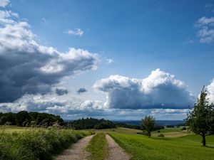 Превью обои поля, деревья, кусты, облака, небо, пейзаж