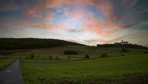 Превью обои поля, холмы, замок, пейзаж