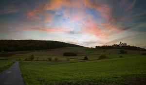 Превью обои поля, холмы, замок, пейзаж