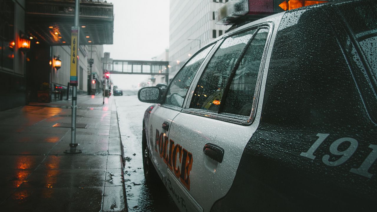 Обои полиция, автомобиль, улица, город, дождь