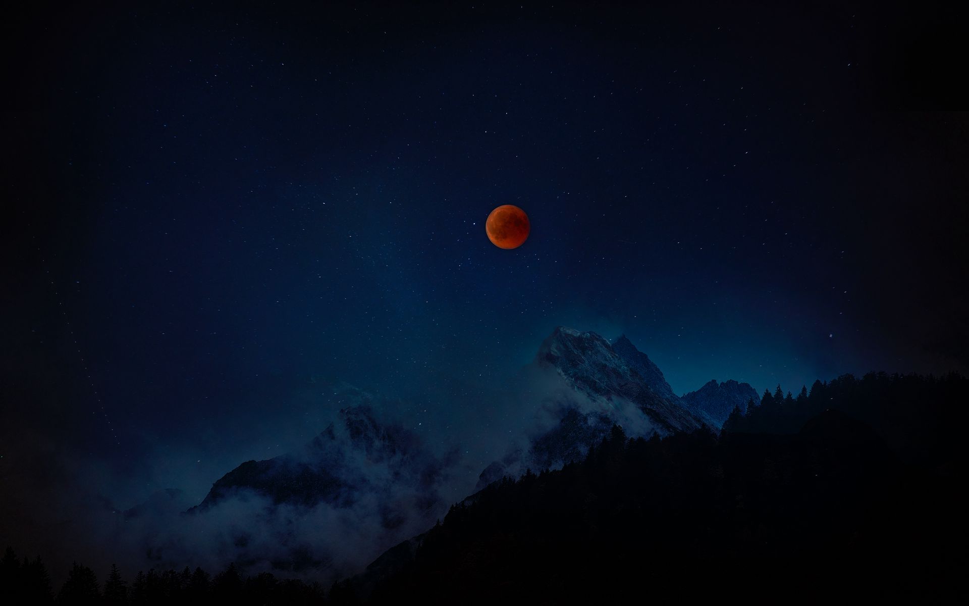 1920x1200 Обои полнолуние, красная луна, звездное небо, горы, ночь