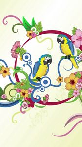 Превью обои попугаи, разноцветный, цветы, узоры