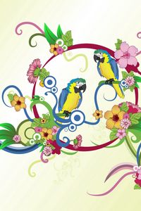 Превью обои попугаи, разноцветный, цветы, узоры