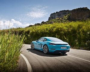 Превью обои porsche, 718, cayman, голубой, вид сбоку