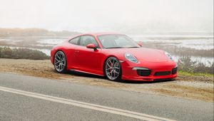 Превью обои porsche, 911, carrera 4s, красный, вид сбоку