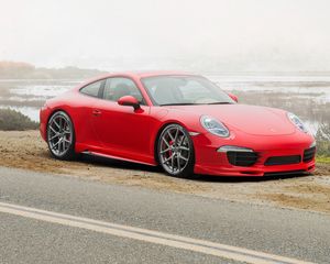 Превью обои porsche, 911, carrera 4s, красный, вид сбоку