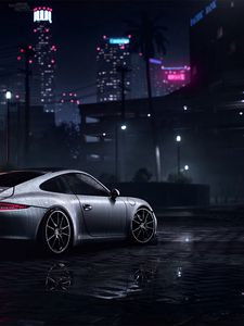 Превью обои porsche 911 carrera s, porsche, спорткар, серый, мокрый, вид сбоку, ночь