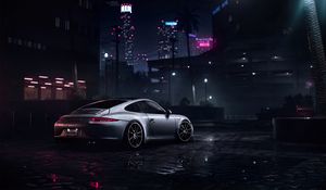 Превью обои porsche 911 carrera s, porsche, спорткар, серый, мокрый, вид сбоку, ночь