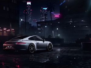 Превью обои porsche 911 carrera s, porsche, спорткар, серый, мокрый, вид сбоку, ночь