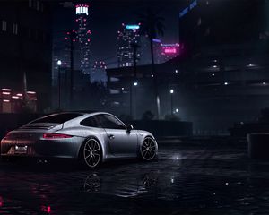 Превью обои porsche 911 carrera s, porsche, спорткар, серый, мокрый, вид сбоку, ночь