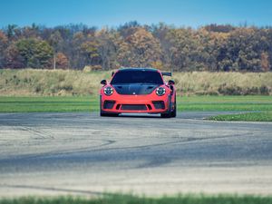 Превью обои porsche 911 gt3, porsche, автомобиль, гонка, трасса, деревья