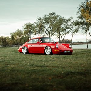 Превью обои porsche 911, porsche, автомобиль, спорткар, красный, вид сбоку