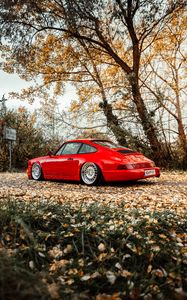 Превью обои porsche 911, porsche, автомобиль, спорткар, красный, старый, вид сбоку