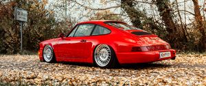 Превью обои porsche 911, porsche, автомобиль, спорткар, красный, старый, вид сбоку