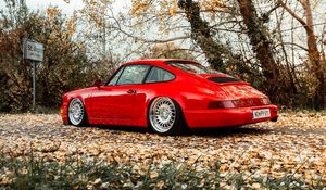 Превью обои porsche 911, porsche, автомобиль, спорткар, красный, старый, вид сбоку