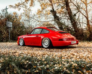 Превью обои porsche 911, porsche, автомобиль, спорткар, красный, старый, вид сбоку