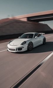 Превью обои porsche 911, porsche, автомобиль, белый, скорость, дорога