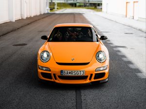Превью обои porsche 911, porsche, автомобиль, оранжевый, дорога
