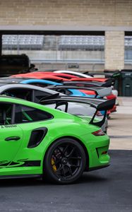 Превью обои porsche 911, porsche, автомобили, спорткары, вид сзади, разноцветный