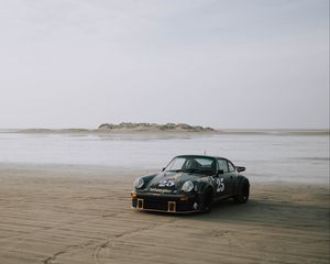 Превью обои porsche 911, porsche, машина, спорткар, черный, пляж