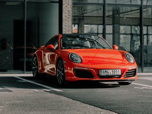 Превью обои porsche 911, porsche, спорткар, красный, вид спереди, машина