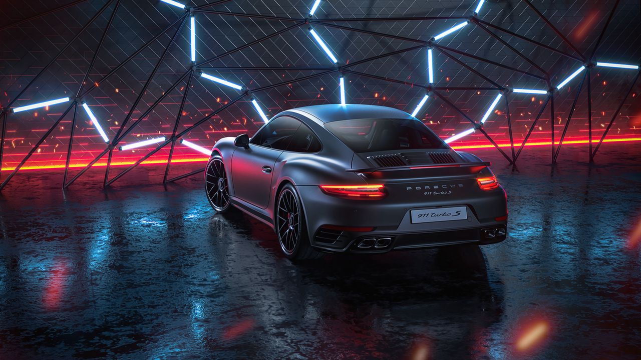 Скачать 1280x720 porsche 911 turbo s, porsche, машина, спорткар, серый,  неон, ночь обои, картинки hd, hdv, 720p