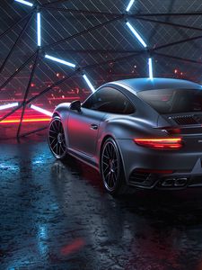 Превью обои porsche 911 turbo s, porsche, машина, спорткар, серый, неон, ночь