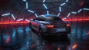 Превью обои porsche 911 turbo s, porsche, машина, спорткар, серый, неон, ночь