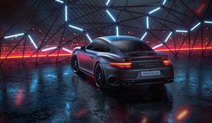 Превью обои porsche 911 turbo s, porsche, машина, спорткар, серый, неон, ночь