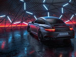 Превью обои porsche 911 turbo s, porsche, машина, спорткар, серый, неон, ночь