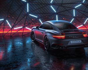 Превью обои porsche 911 turbo s, porsche, машина, спорткар, серый, неон, ночь