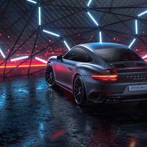 Превью обои porsche 911 turbo s, porsche, машина, спорткар, серый, неон, ночь