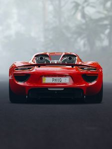 Превью обои porsche 918, porsche, спорткар, вид сзади, красный