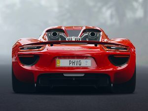 Превью обои porsche 918, porsche, спорткар, вид сзади, красный
