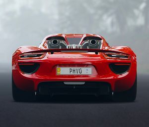 Превью обои porsche 918, porsche, спорткар, вид сзади, красный