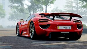 Превью обои porsche 918, porsche, спорткар, вид сбоку, красный